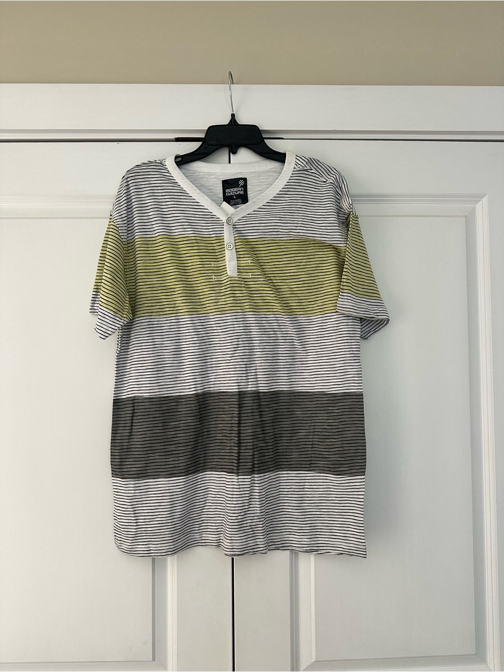 Casual Striped Henley Tee - Olive, Gray, Yellow & White